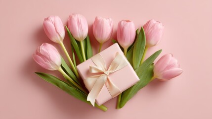Fresh tulips arranged on soft pink background for International Womens Day with a small gift box and ribbon