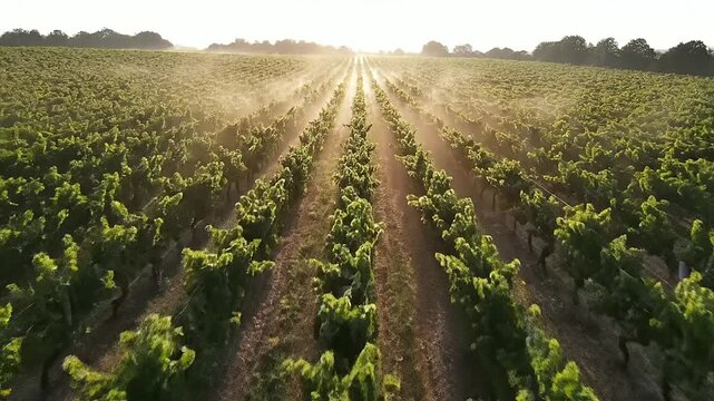 Rows of lush green grape vines in a sprawling vineyard at dawn, bathed in golden sunlight creating a scenic rural landscape.