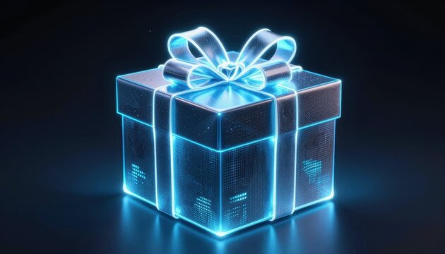 Celebrate with a glowing gift box virtual event digital art dark background 3d render holiday concept