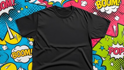 A black t-shirt mockup on a vibrant pop art comic background.