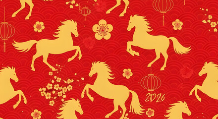 Minimalist red background featuring multiple golden horse silhouettes with floral accents. Festive Chinese zodiac design ideal for Lunar New Year 2026 greeting cards and promotional materials.