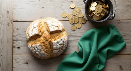 Overhead view of a crusty rustic bread loaf placed next to a cauldron full of gold coins on an antique wooden table.