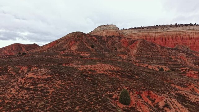 Canyon features red soil and steep hills under a cloudy sky. The land is scattered with shrubs and plants. The scene captures a natural setting with grand rock formations.
