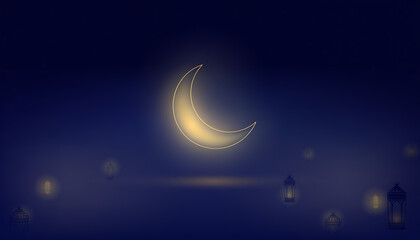 Naklejka premium A serene night sky with a glowing crescent moon and lanterns