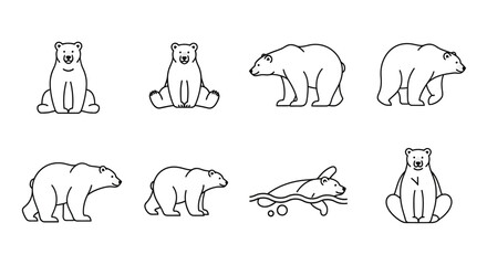A set of eight black line illustrations of polar bears and a seal on a white background, celebrating Polar Bear Day and International Polar Bears day with simple design elements. © Budi