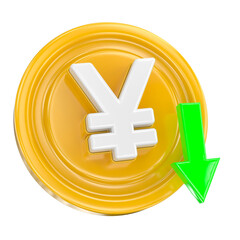 Obraz premium Yen or Yuan Currency Gold Coin with Downward Green Arrow Indicating Financial Decline and Economic Loss
