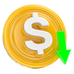 Obraz premium Golden Dollar Coin with Downward Green Arrow Symbolizing Financial Decline and Economic Loss in 3D Rendering