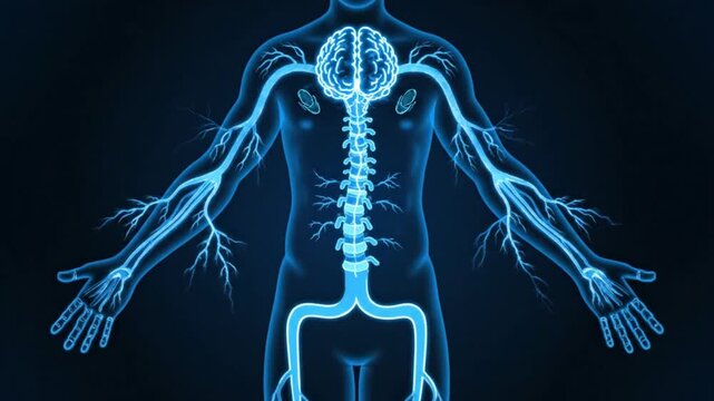 A medical animation showing the human nervous system with glowing blue electrical impulses traveling from the brain down the spinal cord and through the nerves.