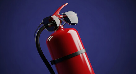 Fototapeta premium Red fire extinguisher with sunglasses on a dark blue background
