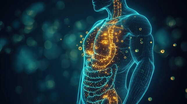 National Triglycerides Day:medical illustration of the human digestive system highlighting small intestine fat absorption process, triglyceride molecules breaking down into chylomicrons