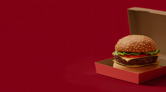 A hamburger on a red box is presented on a red surface from a straightforward viewpoint