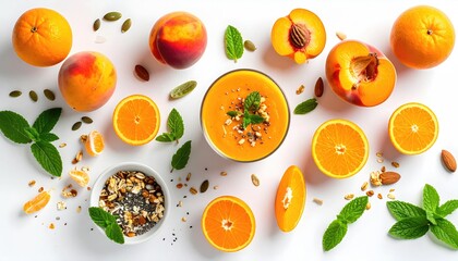 Colorful healthy food arrangement featuring fresh oranges peaches smoothie and nuts.