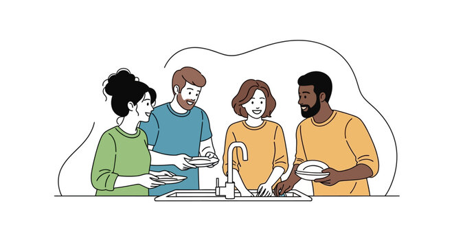 Group of people gathered around a table sharing a meal together in a casual setting illustration from 1987