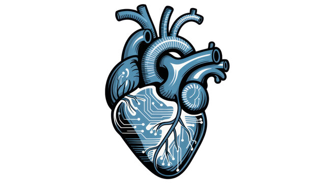 Blue circuit heart with white background isolated on a transparent background