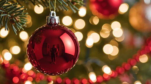Red Christmas ornament reflecting person on tree with bokeh lights
