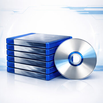 Stack of blue blu ray and dvd cases with shiny optical disc isolated on white background concept for data storage backup media entertainment software packaging and home video library
