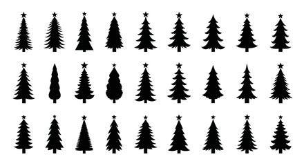 Fototapeta premium Collection of diverse black Christmas tree silhouettes on an isolated white background.