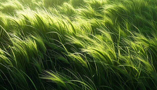 Close-up of sunlit, swaying, vibrant green grass in a field, blown by the wind, creating a soft, textured landscape