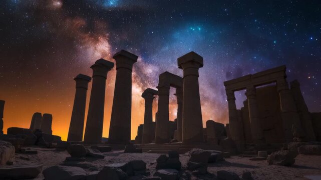 Ancient Temple Under Starry Milky Way Sky