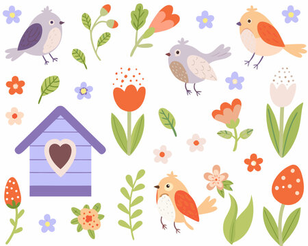 Charming illustration of birds flowers a birdhouse and spring foliage