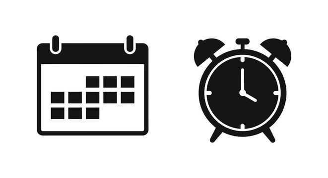 A simple black graphic depicts a calendar and an alarm clock representing scheduling and time management silhouette high quality professional