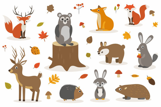 Cute woodland creatures and autumn foliage in a charming illustration