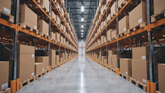 Aisle between warehouse storage racks filled with cardboard boxes viewed from the ground level
