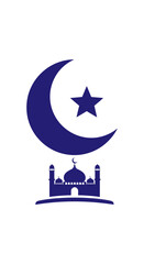 Blue Crescent Moon and Star with Mosque Silhouette, Islamic Symbolism on Isolated White Background