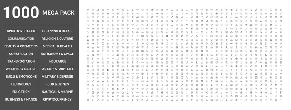 Big set of 1000 thin line web icons such as Sports & fitness, Construction, Technology, Beauty & cosmetics, Business & finance, Medical & health, Food & drinks, Transportation, Education