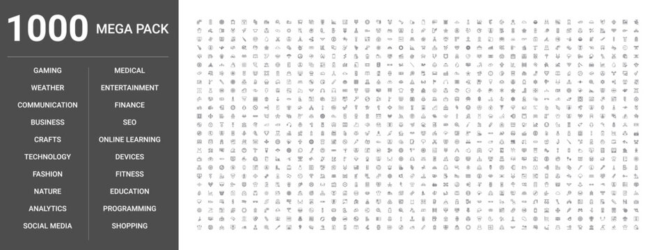 Big set of 1000 thin line web icons such as Entertainment, Business, Weather, Fitness, Technology, Education, Nature, Analytics, Programming, Online learning, Seo, Fashion, Gaming, Devices, Crafts
