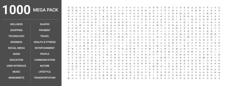 Big set of 1000 thin line web icons such as Business, Technology, Music, People, Travel, Social media, Nature, Payment, User interface, Transportation, Signs, Shapes, Monuments, Communication
