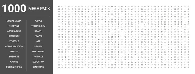 Big set of 1000 thin line web icons such as Communication, Interface, Technology, Business, Shopping, Social media, People, Emotions, Nature, Animals, Food & drinks, Travel, Health, Education © Digital Bazaar