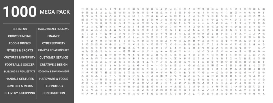 Big set of 1000 thin line web icons such as Business, Fitness & sports, Construction, Technology, Food & drinks, Finance, Delivery & shipping, Ecology & environment, Hands & gestures, Buildings &