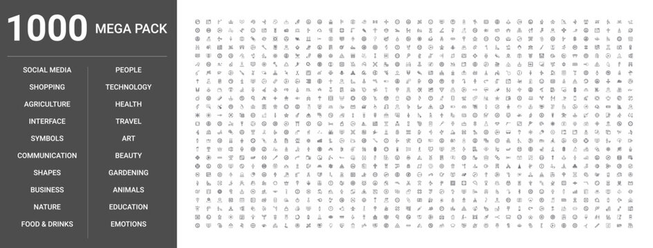 Big set of 1000 thin line web icons such as Communication, Interface, Technology, Business, Shopping, Social media, People, Emotions, Nature, Animals, Food & drinks, Travel, Health, Education