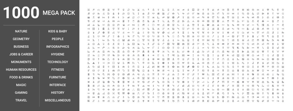 Big set of 1000 thin line web icons such as Business, Food & drinks, People, Furniture, Interface, Nature, Technology, Fitness, Infographics, Gaming, Geometry, Kids & baby, Travel, History, Hygiene