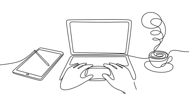 Continuous line drawing of hands typing on laptop with tablet and coffee minimalist one line art workspace illustration