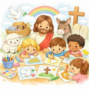 Warm christian illustration of jesus guiding children in a joyful bible lesson with rainbow dove ark lamb donkey and coloring pages for sunday school faith education and spiritual learning