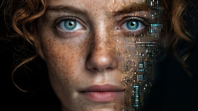 Beautiful Woman Face Divided Half Human Skin and Circuit Board Portrait


