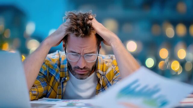 Overwhelmed at the Desk: A man appears stressed while working late at his desk, overwhelmed by the workload and responsibilities. The image captures the emotional strain.