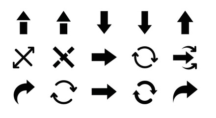 Collection of Black Arrows and Symbols Icons on White Background