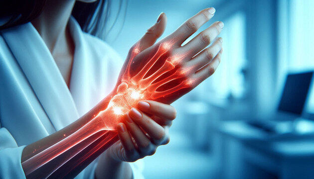 Close-up of a woman holding a painful wrist with a red glowing inflammation effect in a medical clinic