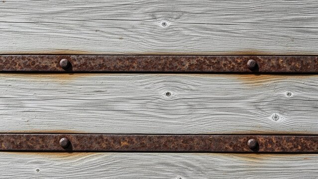 Rustic weathered wood texture with rusty metal straps