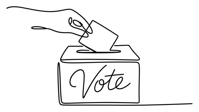 Continuous line drawing of hand casting ballot in vote box minimalist one line art democracy election illustration isolated