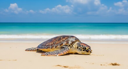 Obraz premium A green sea turtle rests on a sandy beach with turquoise ocean waves.