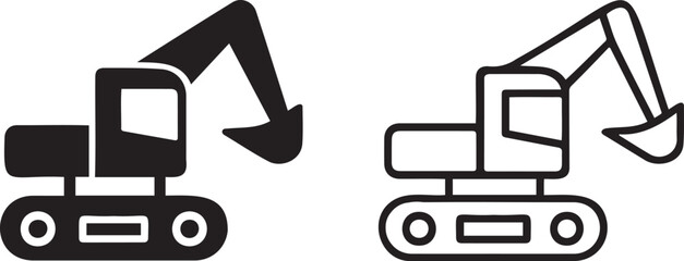 Construction excavator vector icon set. Includes two different styles of heavy machinery: a solid fill and an outline version. Created in a minimalist black and white flat design. © usmi