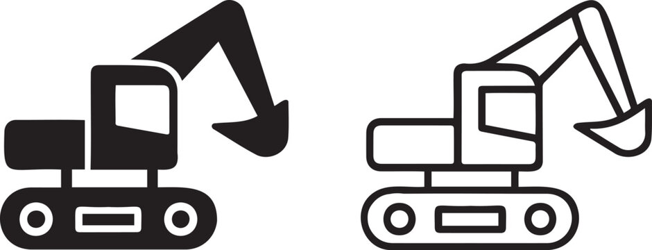 Construction excavator vector icon set. Includes two different styles of heavy machinery: a solid fill and an outline version. Created in a minimalist black and white flat design.