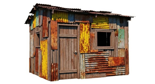 A rudimentary, small shack shelter built from reclaimed lumber and rusted scrap materials, illustrating themes of extreme poverty and necessity, broken, housing, cabin
