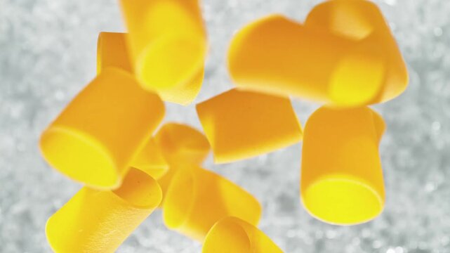 Paccheri Pasta Falling Into Pot Of Boiling Water Making A Splash In Slow Motion, Table Top View