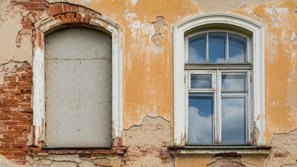 Fototapeta premium Old building facade with two windows one boarded up