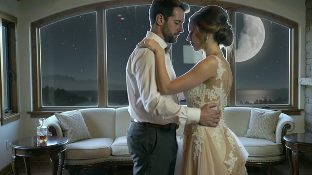 Couple slow dancing in luxury hotel suite with starry sky view. Moonlight through window creates intimate atmosphere of love and premium vacation.